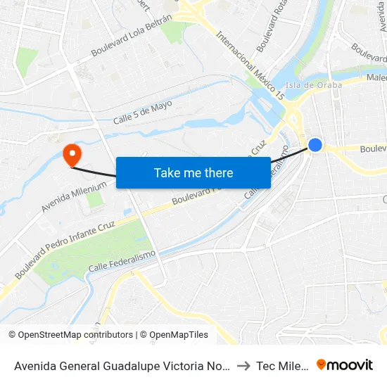 Avenida General Guadalupe Victoria Norte, 56 to Tec Milenio map