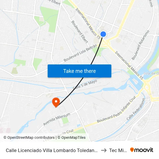 Calle Licenciado Villa Lombardo Toledano Poniente, 3265 to Tec Milenio map