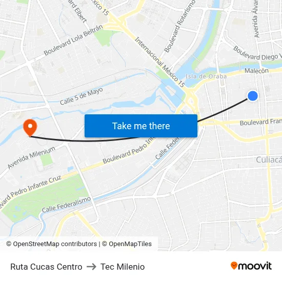 Ruta Cucas Centro to Tec Milenio map