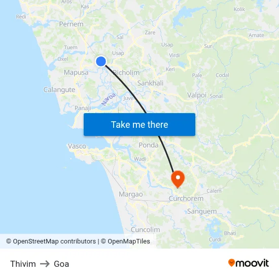 Thivim to Goa map