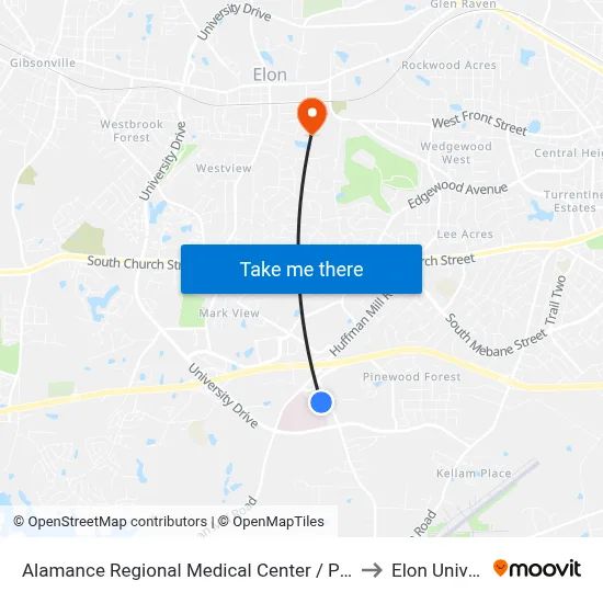 Alamance Regional Medical Center / Park & Ride Lot to Elon University map