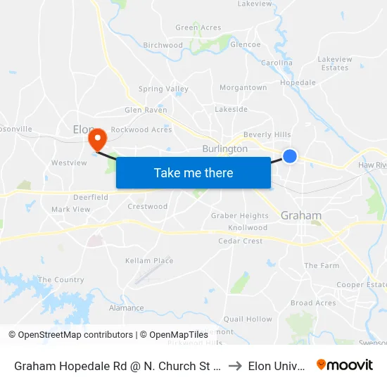 Graham Hopedale Rd @ N. Church St (Outbound) to Elon University map