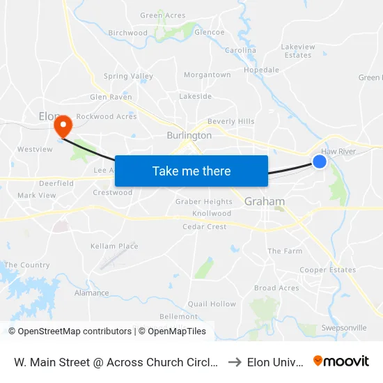 W. Main Street @ Across Church Circle (Outbound) to Elon University map