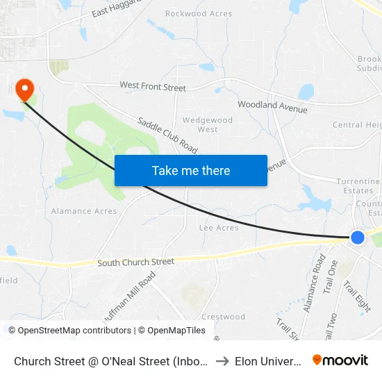 Church Street @ O'Neal Street (Inbound) to Elon University map