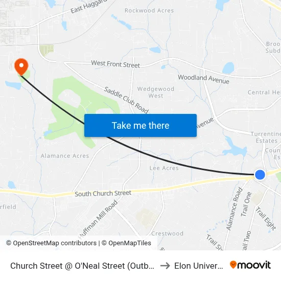 Church Street @ O'Neal Street (Outbound) to Elon University map