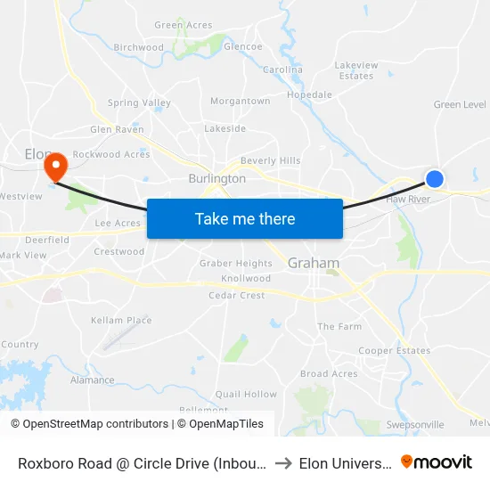 Roxboro Road @ Circle Drive (Inbound) to Elon University map
