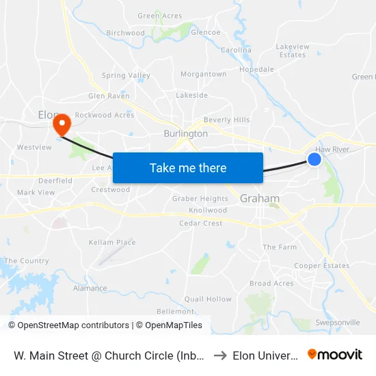 W. Main Street @ Church Circle (Inbound) to Elon University map