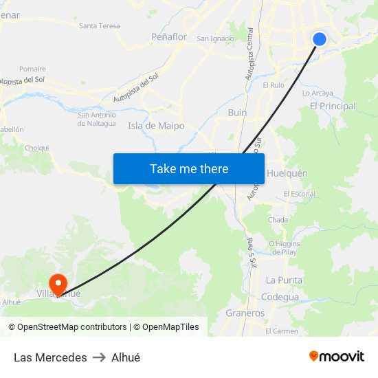 Las Mercedes to Alhué map