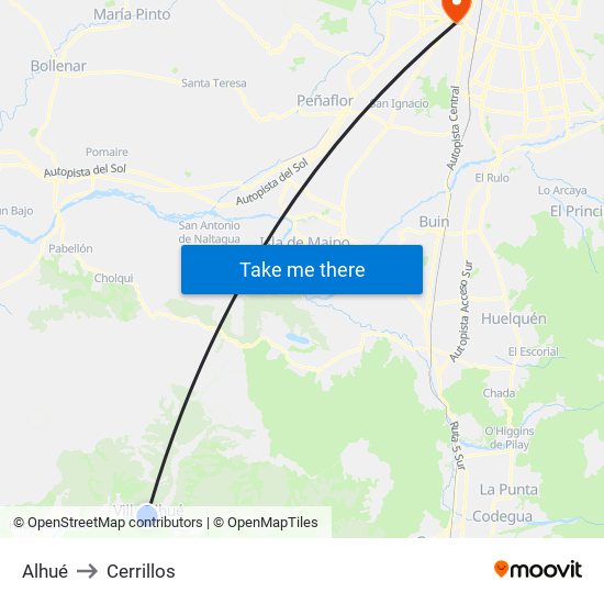 Alhué to Cerrillos map