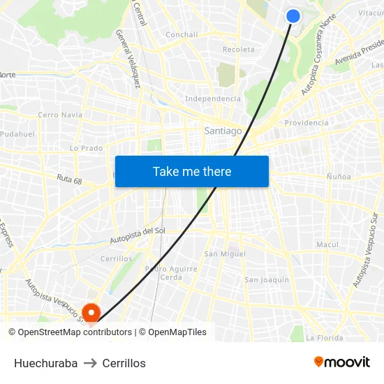 Huechuraba to Cerrillos map