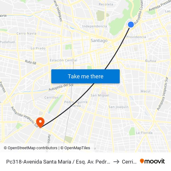 Pc318-Avenida Santa María / Esq. Av. Pedro De Valdivia to Cerrillos map