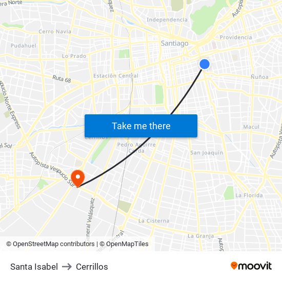 Santa Isabel to Cerrillos map