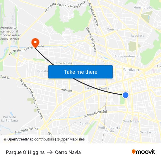 Parque O`Higgins to Cerro Navia map