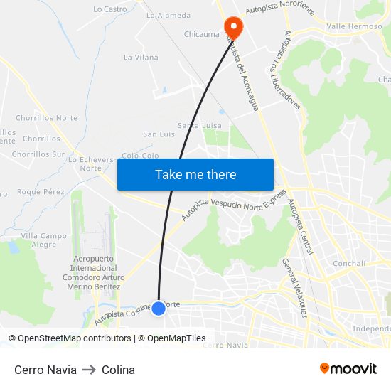 Cerro Navia to Colina map