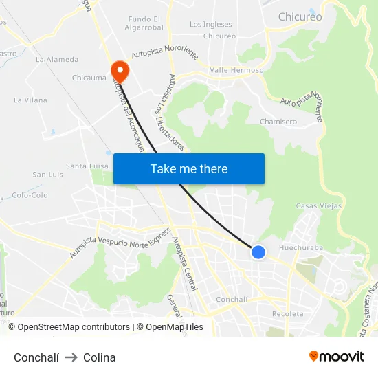 Conchalí to Colina map