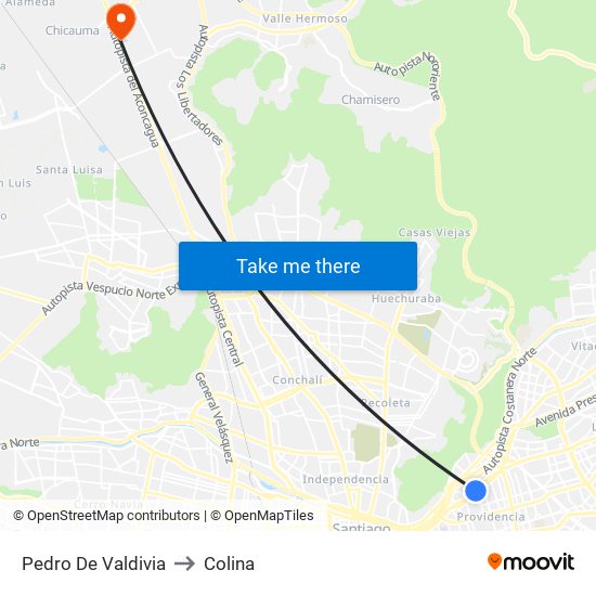 Pedro De Valdivia to Colina map