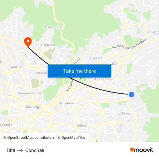 Tiltil to Conchalí map