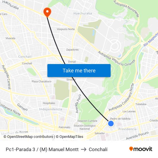 Pc1-Parada 3 / (M) Manuel Montt to Conchalí map
