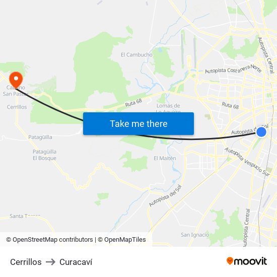 Cerrillos to Curacaví map