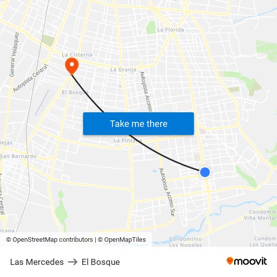 Las Mercedes to El Bosque map