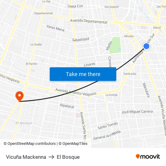 Vicuña Mackenna to El Bosque map