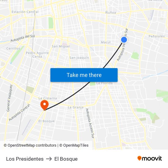 Los Presidentes to El Bosque map