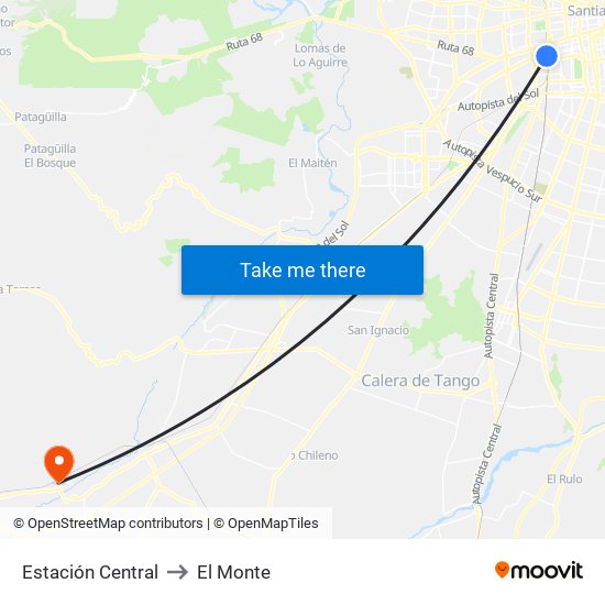 Estación Central to El Monte map