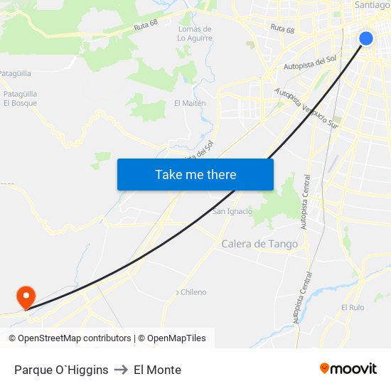 Parque O`Higgins to El Monte map