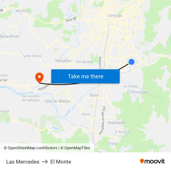 Las Mercedes to El Monte map