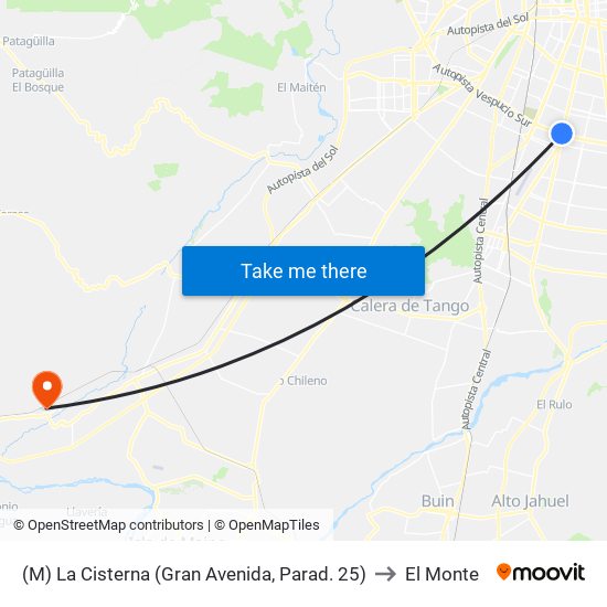 (M) La Cisterna (Gran Avenida, Parad. 25) to El Monte map