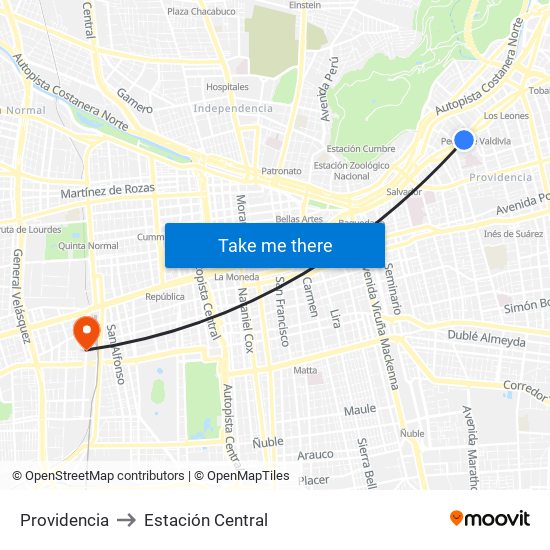 Providencia to Estación Central map