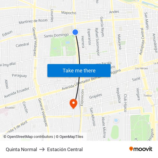 Quinta Normal to Estación Central map