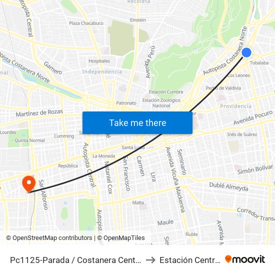 Pc1125-Parada / Costanera Center to Estación Central map