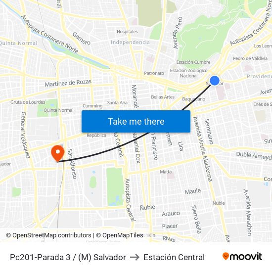 Pc201-Parada 3 / (M) Salvador to Estación Central map