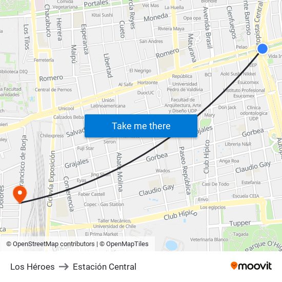 Los Héroes to Estación Central map