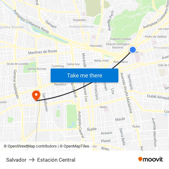 Salvador to Estación Central map