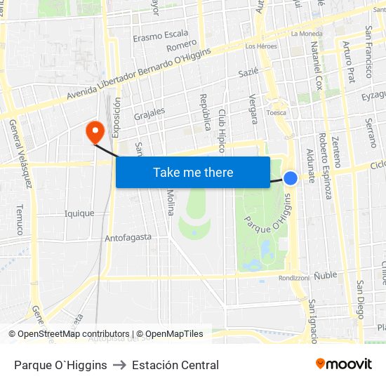 Parque O`Higgins to Estación Central map