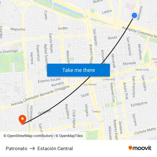 Patronato to Estación Central map