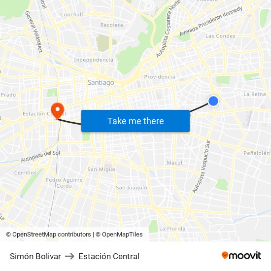 Simón Bolivar to Estación Central map