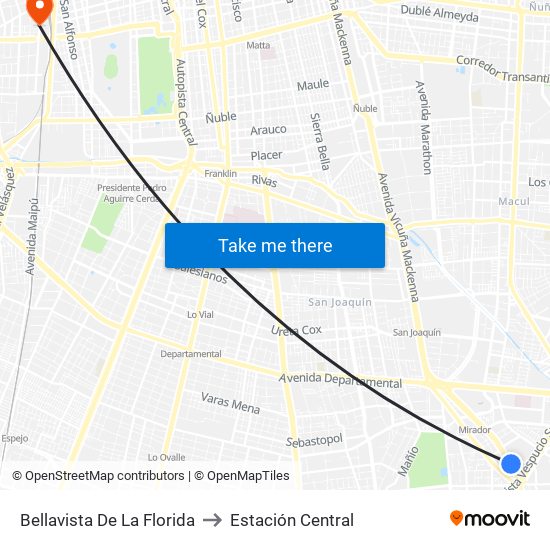 Bellavista De La Florida to Estación Central map