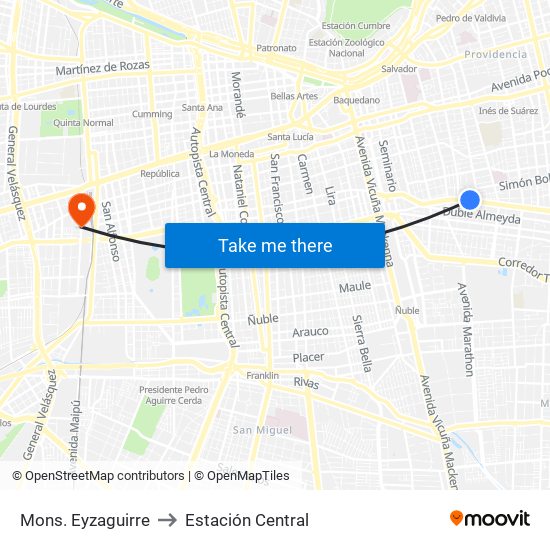 Mons. Eyzaguirre to Estación Central map