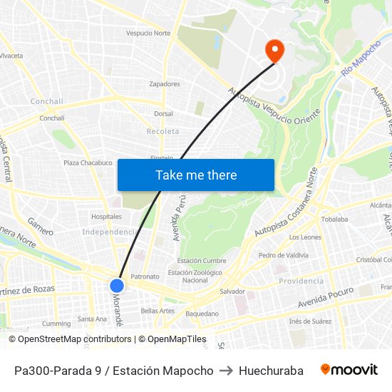 Pa300-Parada 9 / Estación Mapocho to Huechuraba map
