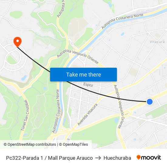 Pc322-Parada 1 / Mall Parque Arauco to Huechuraba map