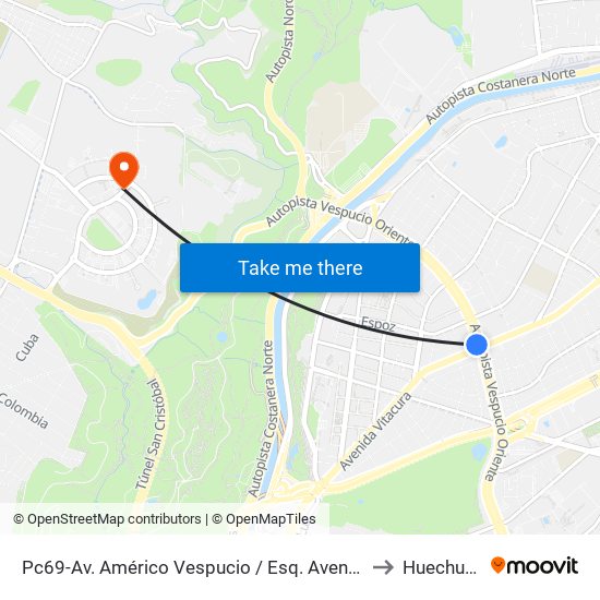 Pc69-Av. Américo Vespucio / Esq. Avenida Vitacura to Huechuraba map