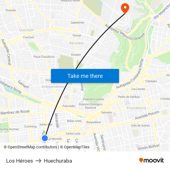 Los Héroes to Huechuraba map