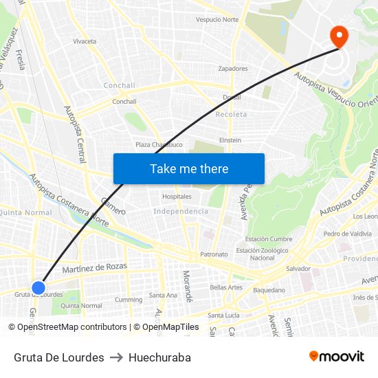 Gruta De Lourdes to Huechuraba map