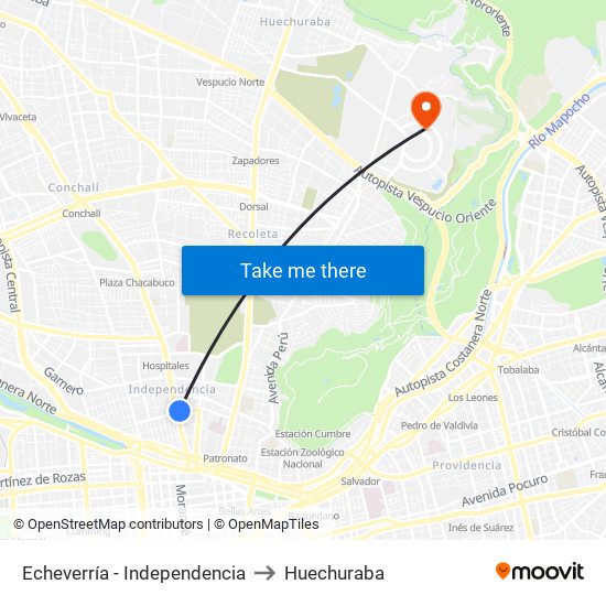 Echeverría - Independencia to Huechuraba map