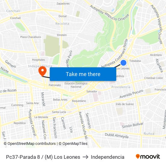Pc37-Parada 8 / (M) Los Leones to Independencia map