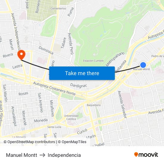 Manuel Montt to Independencia map