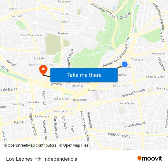 Los Leones to Independencia map